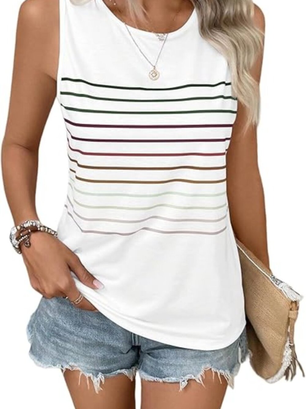 New - Tank Tops‎ for Women Summer Striped Sleeveless Tee Loose Casual Crewneck